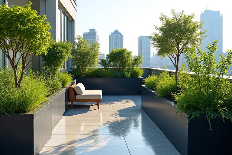 Giardino pensile su tetto con fioriere modulari e schermature verdi