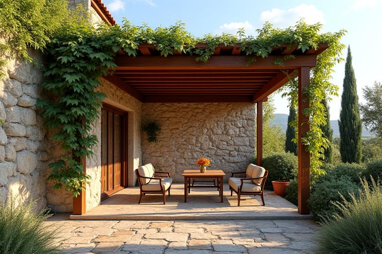 Pergola in legno con muretto a secco in giardino toscano
