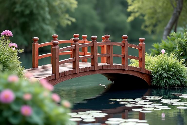 Ponte decorativo in legno su laghetto ornamentale